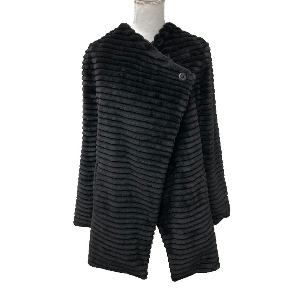 BB Dakota Faux Fur Wrap Jacket Womens Medium Black Stripe Mid Length Gorpcore